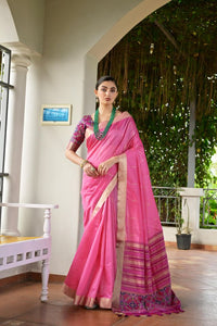Pink Color Khadi Raw Silk Fabric Woven Meena Rich Pallu Border Designer Beautiful Saree