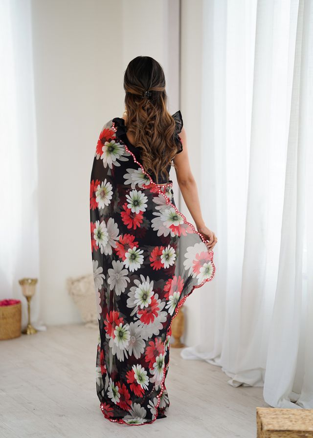 Black Color Georgette Fabric Designer Printed Bollywood Style Saree
