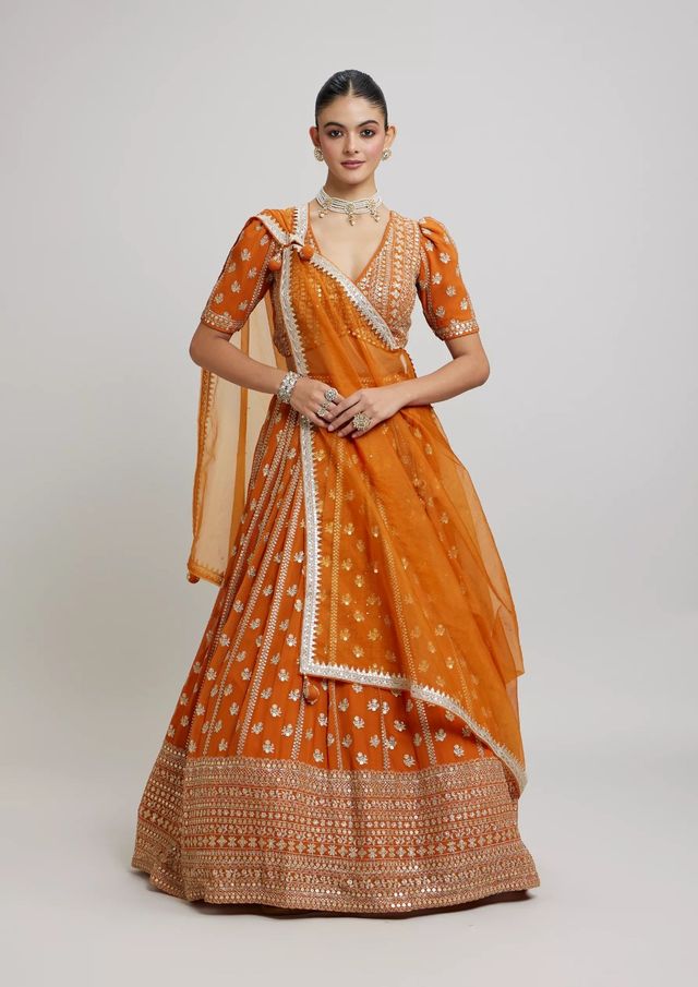 Leheriya Style Lehenga Choli with Embroidered Dupatta HKV-003650-ORANGE