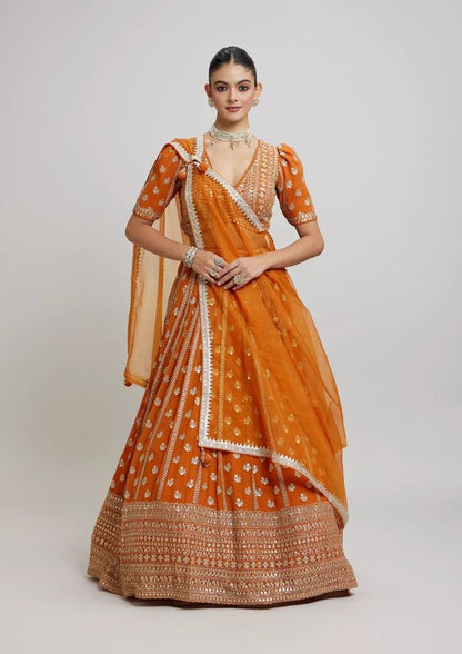 Leheriya Style Lehenga Choli with Embroidered Dupatta HKV-003650-ORANGE
