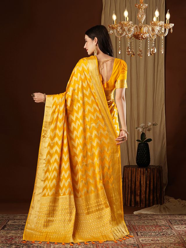 Yellow Color Beautiful Woven Ethnic Georgette Fabric Ceremonial Saree