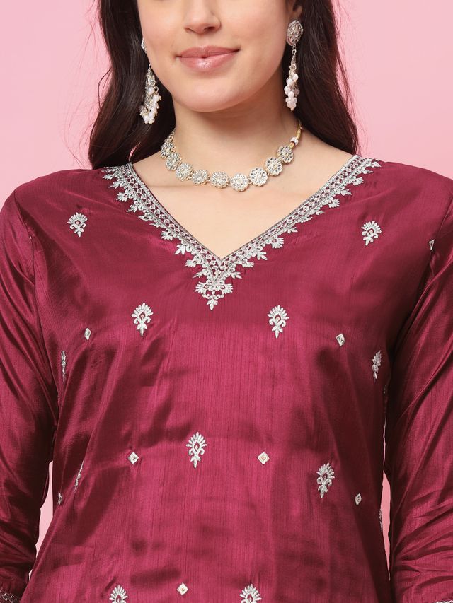 Cherry Red Color Silk Blended Ethnic Partywear Ceremonial Suit