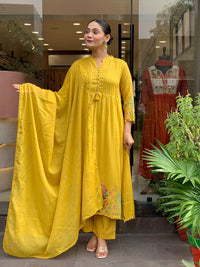 Mustard Color Chanderi Silk Fabric Ceremonial Readymade Kurta Set with Dupatta