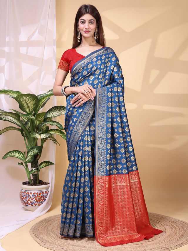 Blue Color Lichi Silk Fabric Beautiful Woven Designer Saree