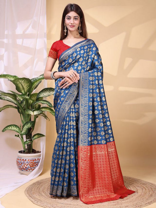 Blue Color Lichi Silk Fabric Beautiful Woven Designer Saree