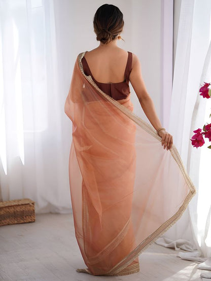Orange Color Stylish Gold Net Fabric Graceful Girlie Saree