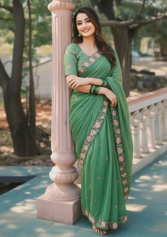 Green Color Crush Silk Fabric Designer Embroidered Wedding Special Saree
