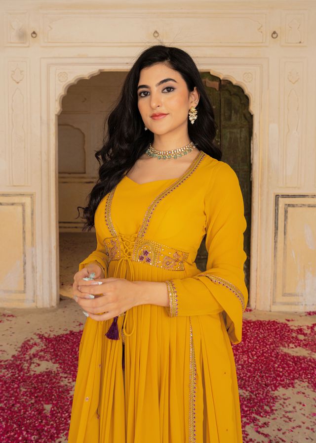 Mustard Color Georgette Fabric Designer Embroidered Partywear Gown For Girlie Looks