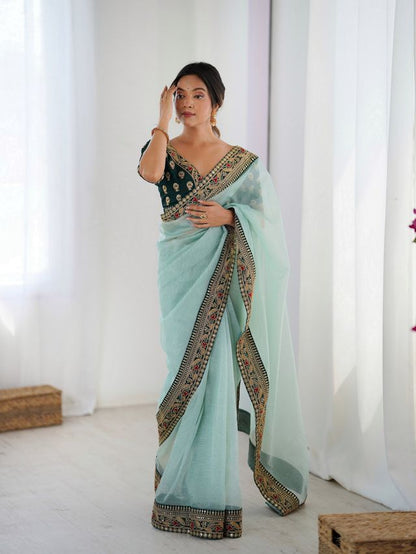 Sea Green Color Banarasi Crush Fabric Graceful Partywear Sequins Embroidered Saree