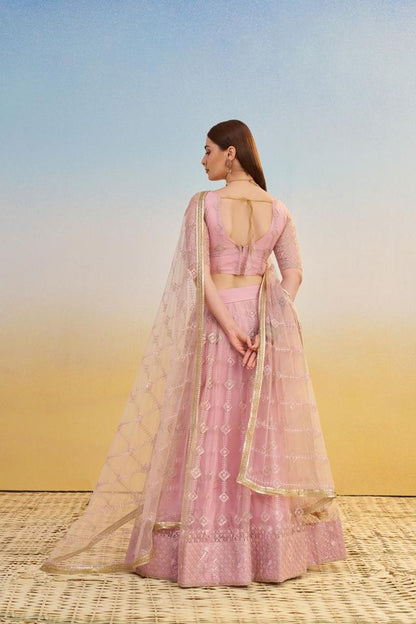 Light Pink Heavy Embroidery Net Semi Stitch A Line Lehenga With Blouse