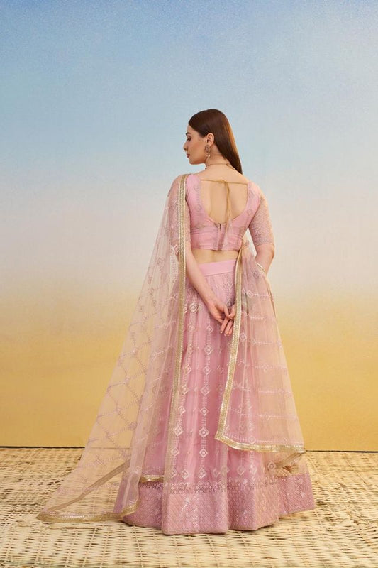 Light Pink Heavy Embroidery Net Semi Stitch A Line Lehenga With Blouse