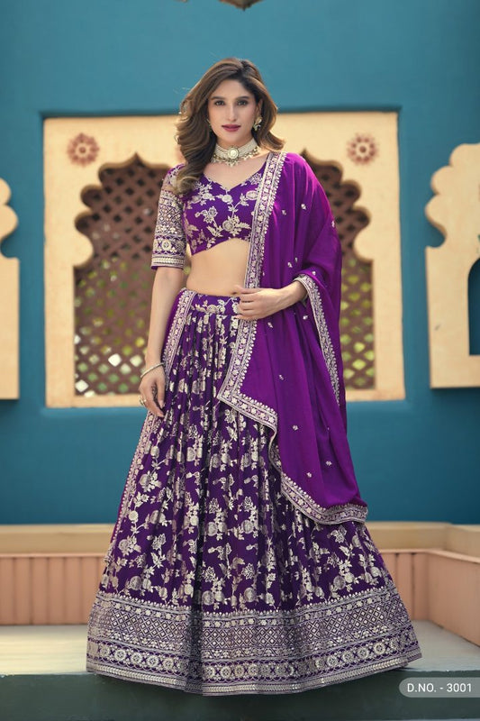 Purple Dola Silk Semi Stitched Lehenga Choli with Heavy Embroidery Work