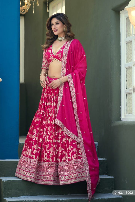 Magenta Dola Silk Semi Stitched Lehenga Choli with Heavy Embroidery Work