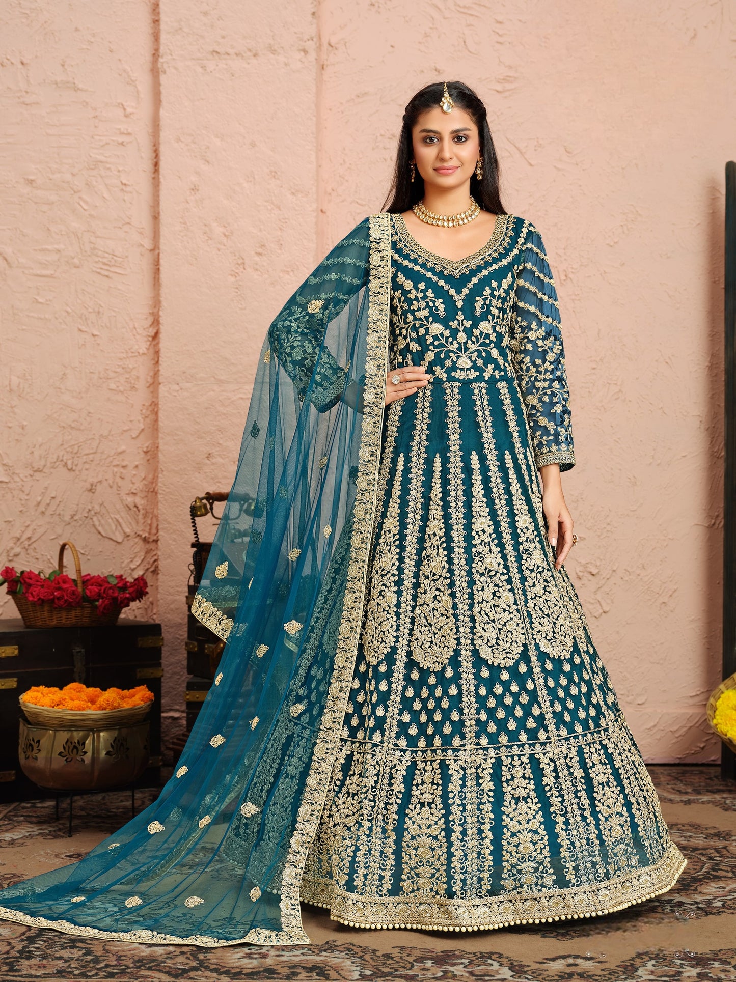 Teal Embroidered Net Semi Stitched Anarkali Suit