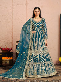 Teal Embroidered Net Semi Stitched Anarkali Suit