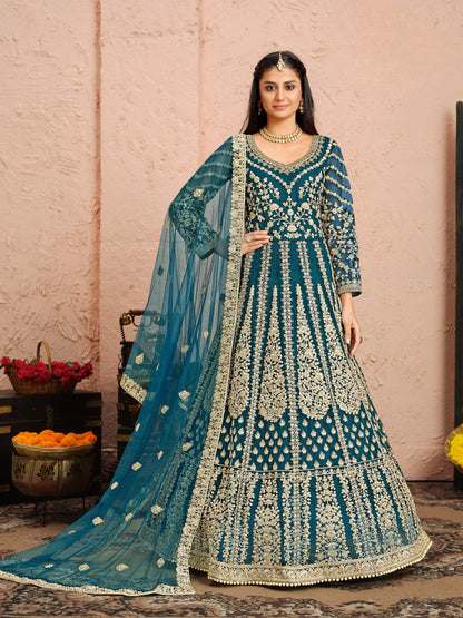Teal Embroidered Net Semi Stitched Anarkali Suit