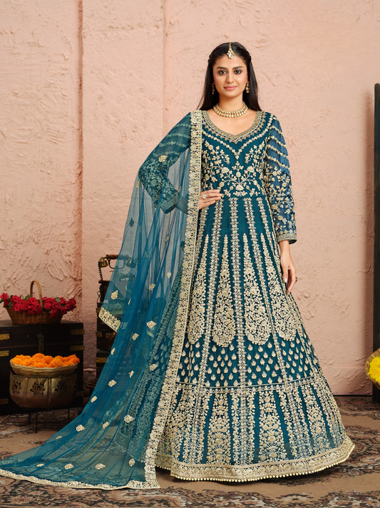 Teal Embroidered Net Semi Stitched Anarkali Suit