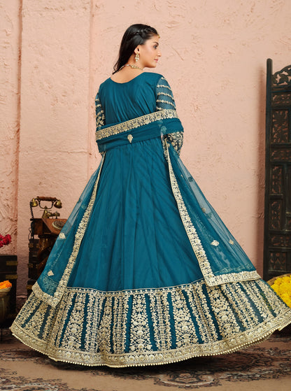 Teal Embroidered Net Semi Stitched Anarkali Suit