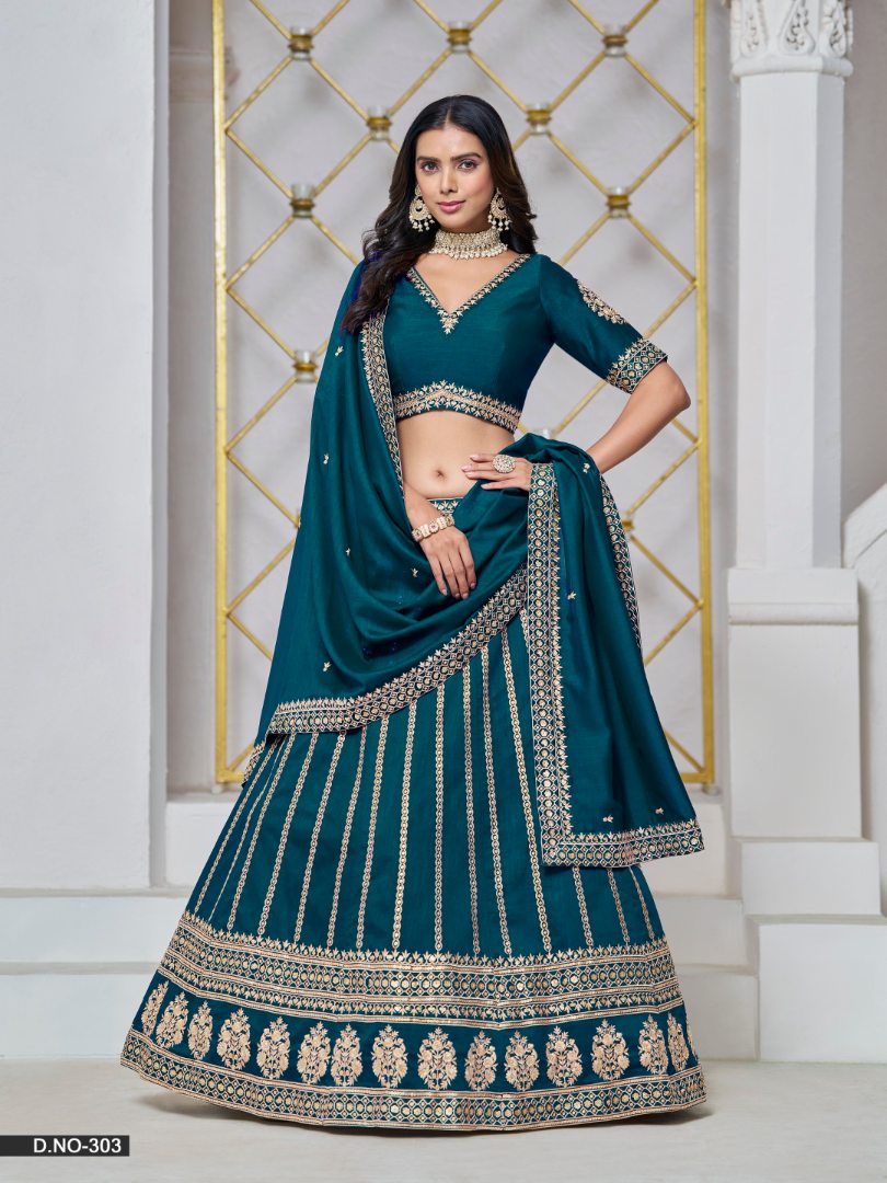 Teal Embroidered Art Silk Designer Lehenga With Blouse