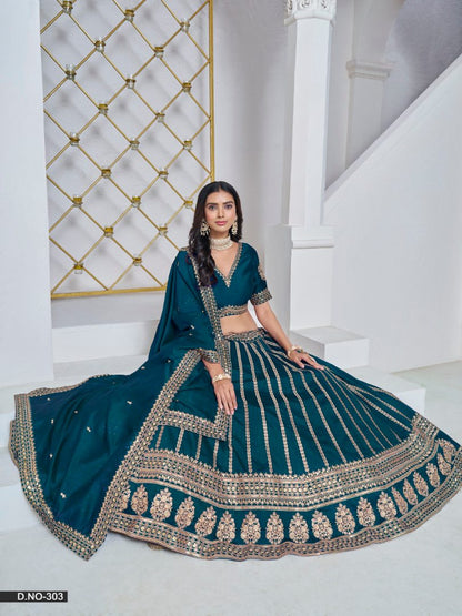 Teal Embroidered Art Silk Designer Lehenga With Blouse