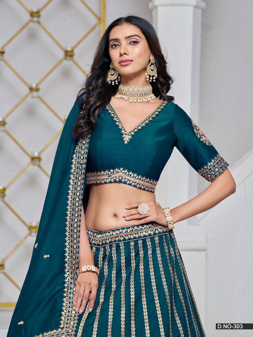 Teal Embroidered Art Silk Designer Lehenga With Blouse