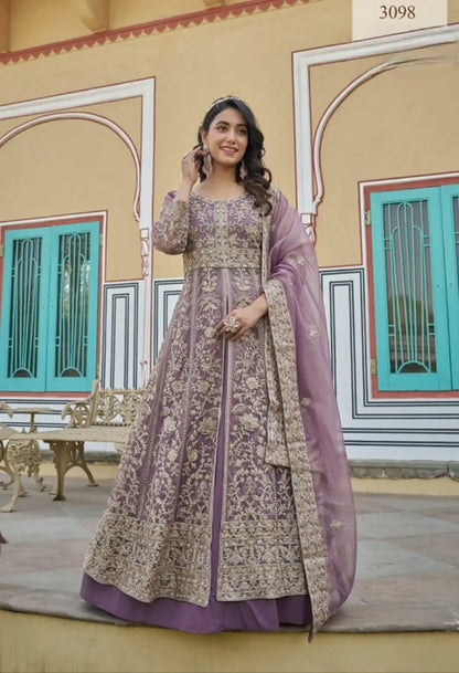 Lavender Silk Semi Stitched Anarkali Suit with Embroidery & Sequins Work