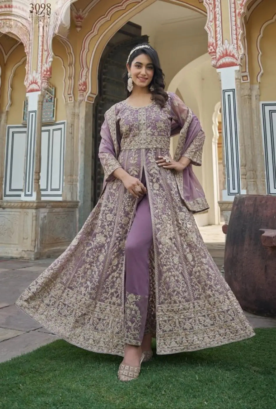 Lavender Silk Semi Stitched Anarkali Suit with Embroidery & Sequins Work