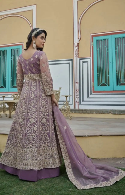 Lavender Silk Semi Stitched Anarkali Suit with Embroidery & Sequins Work