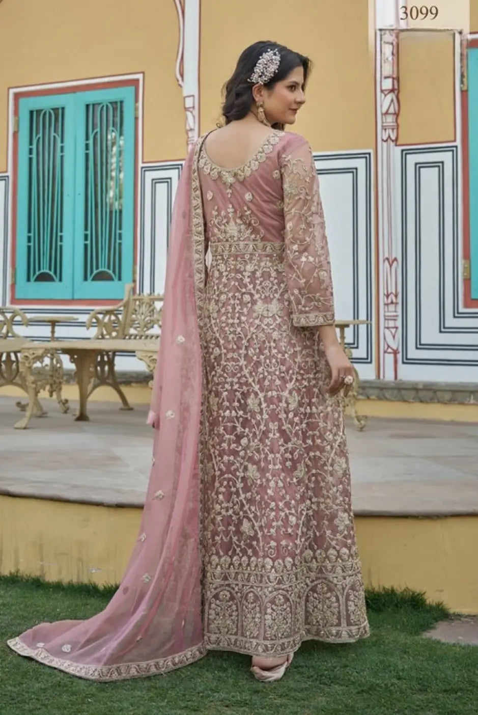 Peach Silk Semi Stitched Anarkali Suit with Embroidery & Sequins Work