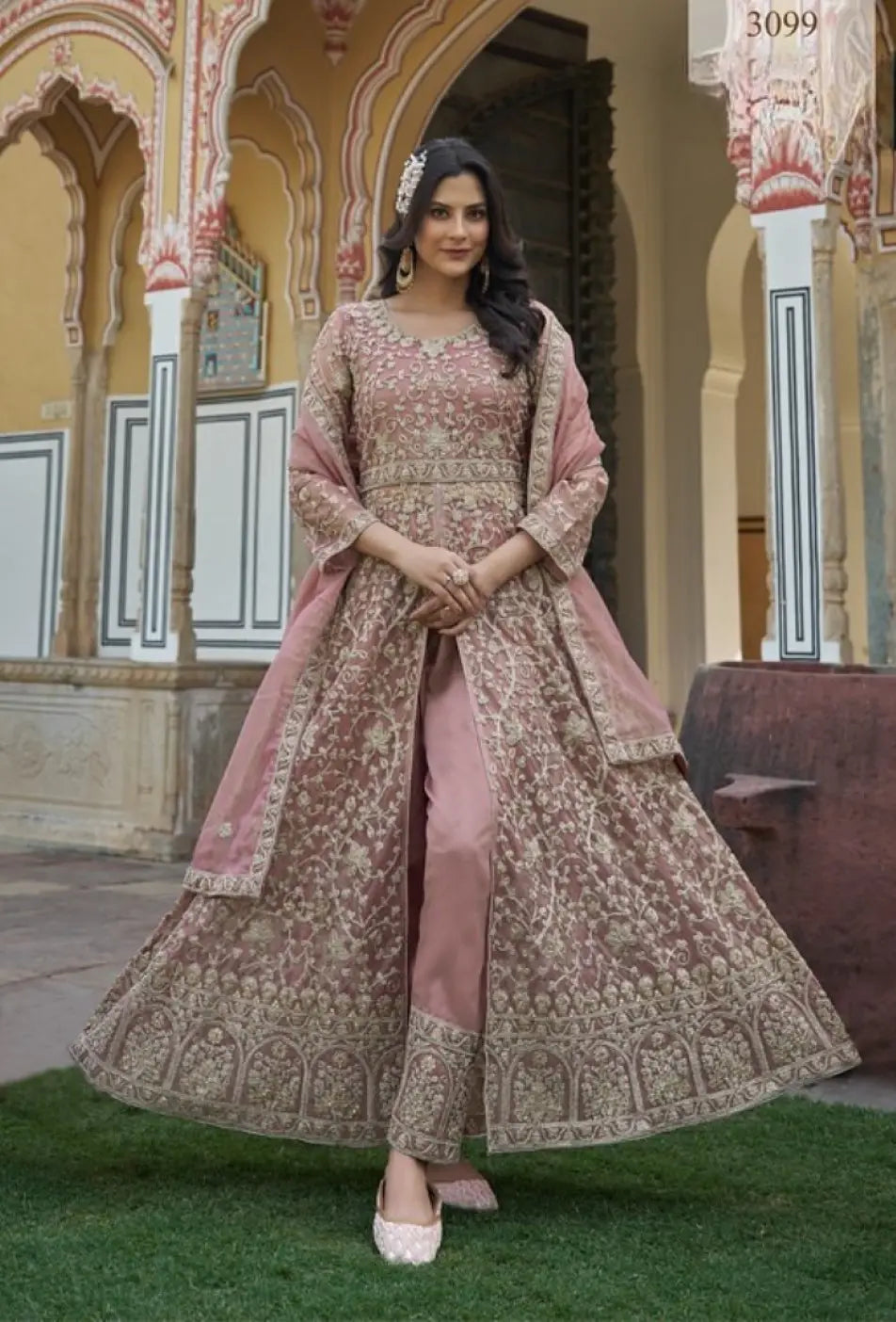 Peach Silk Semi Stitched Anarkali Suit with Embroidery & Sequins Work