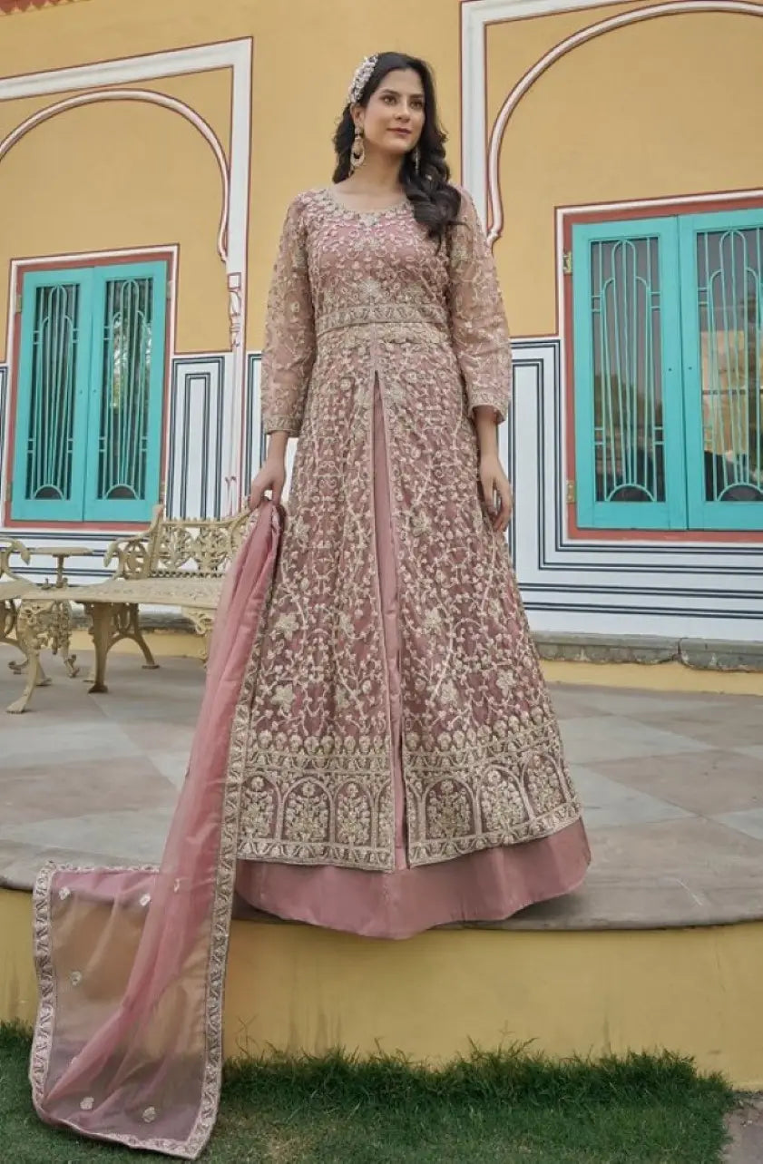 Peach Silk Semi Stitched Anarkali Suit with Embroidery & Sequins Work