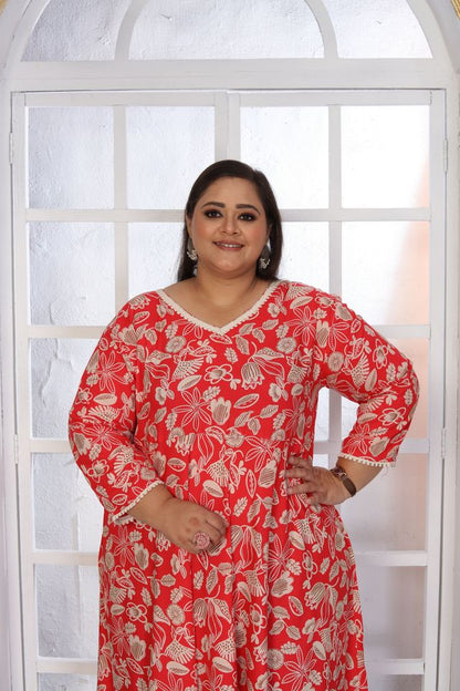 Red Color Rayon Fabric Designer Printed Plus Size Kurta For Girls