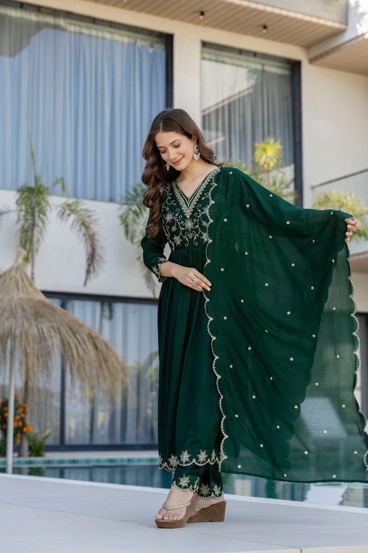 Women's Beautiful Embroidery Work Vichitra Silk Fabric Flared Anarkali Pant and Dupatta Set