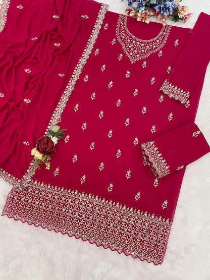 Red Georgette Semi Stitched Suit with Heavy Embroidery Work