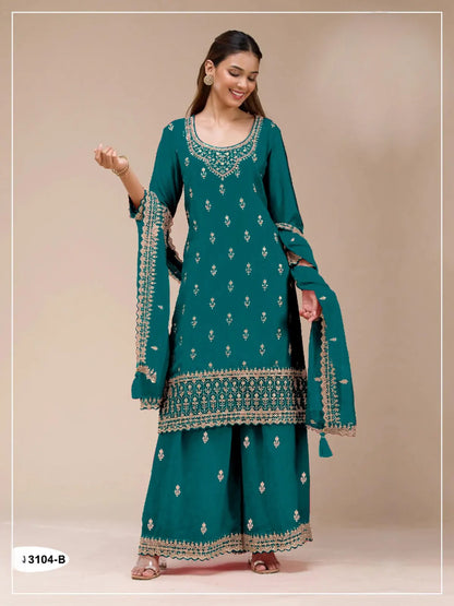 Teal Green Georgette Semi Stitched Suit with Heavy Embroidery Work
