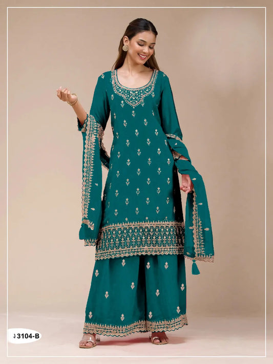 Teal Green Georgette Semi Stitched Suit with Heavy Embroidery Work