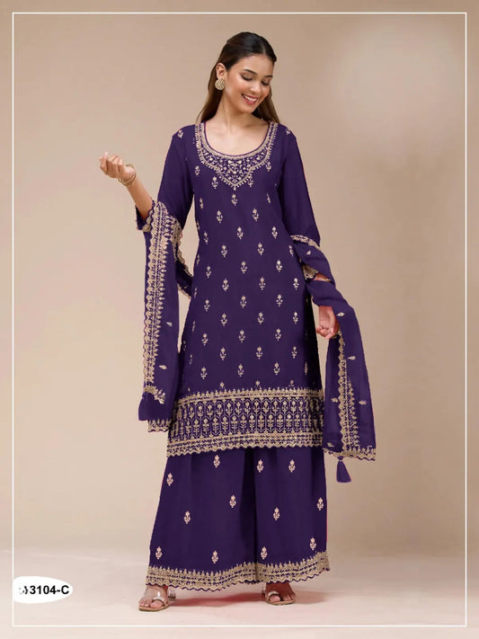 Purple Georgette Semi Stitched Suit with Heavy Embroidery Work