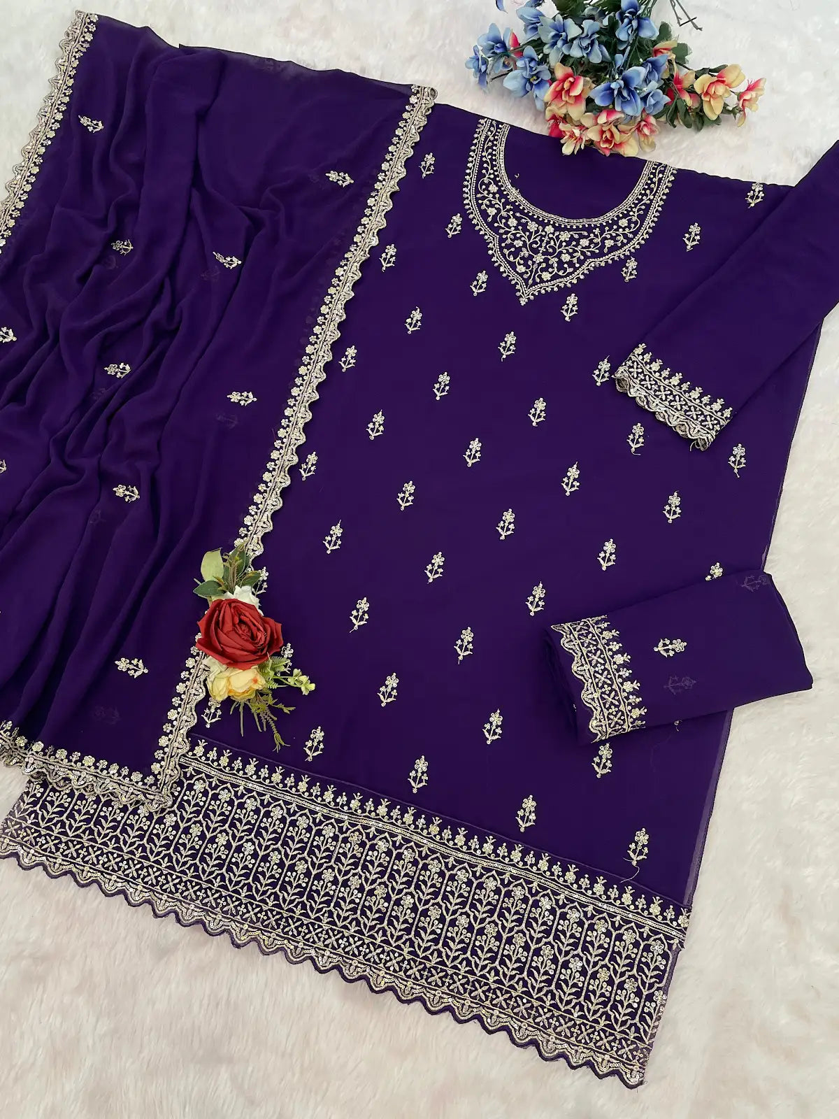 Purple Georgette Semi Stitched Suit with Heavy Embroidery Work