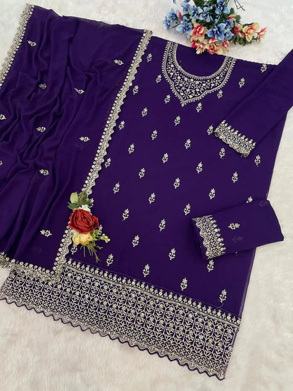 Purple Georgette Semi Stitched Suit with Heavy Embroidery Work