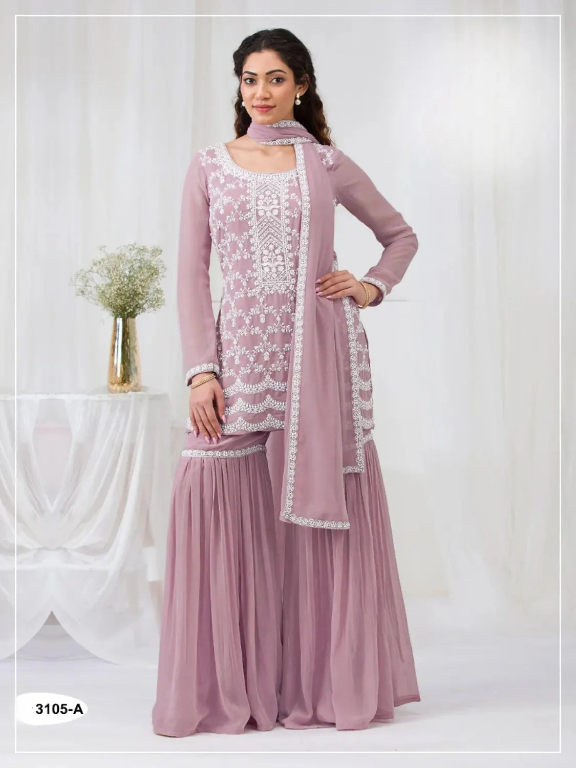 Pink Faux Georgette Semi Stitched Suit with Embroidery Cotton Thread & Sequence Work