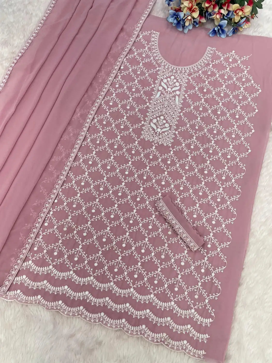 Pink Faux Georgette Semi Stitched Suit with Embroidery Cotton Thread & Sequence Work