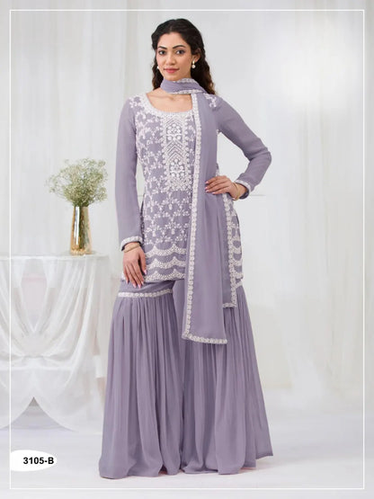 Lavender Faux Georgette Semi Stitched Suit with Embroidery Cotton Thread & Sequence Work