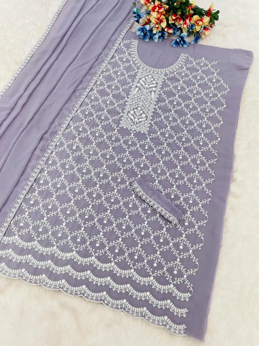 Lavender Faux Georgette Semi Stitched Suit with Embroidery Cotton Thread & Sequence Work
