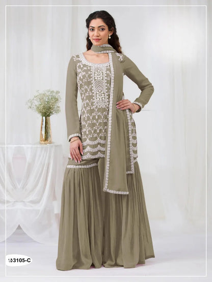 Mehendi Faux Georgette Semi Stitched Suit with Embroidery Cotton Thread & Sequence Work