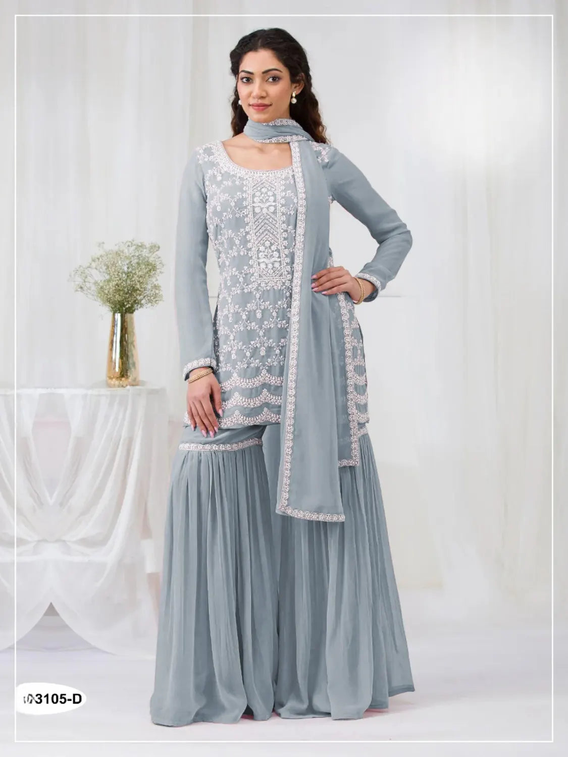 Sky Blue Faux Georgette Semi Stitched Suit with Embroidery Cotton Thread & Sequence Work