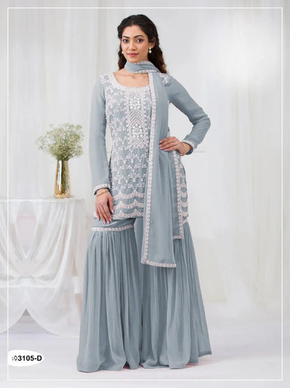 Sky Blue Faux Georgette Semi Stitched Suit with Embroidery Cotton Thread & Sequence Work