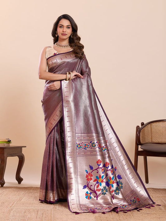 Purple Color Beautiful Soft Silk Fabric Woven Designer Saree