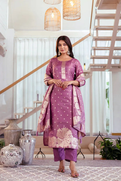 Women's Beautiful Jacquard Butti Work Simmer Jacquard Fabric Straight Kurta Pant and Dupatta Set