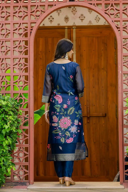 Women's Beautiful Printed Work Jacquard Organza Fabric Straight Kurta Pant and Dupatta Set 03