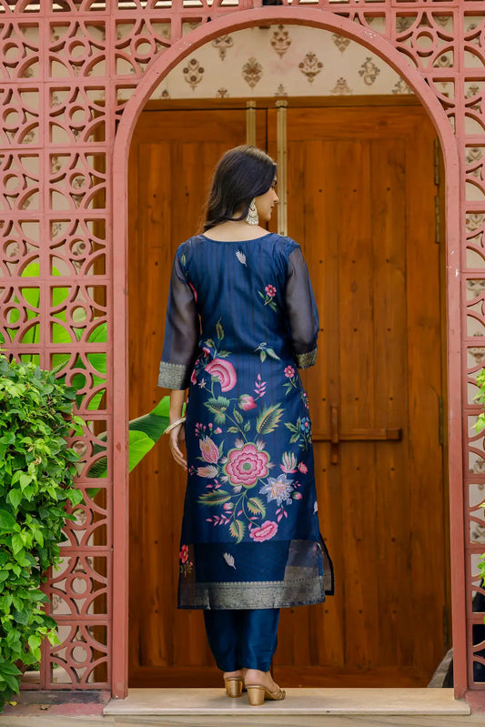 Women's Beautiful Printed Work Jacquard Organza Fabric Straight Kurta Pant and Dupatta Set 03
